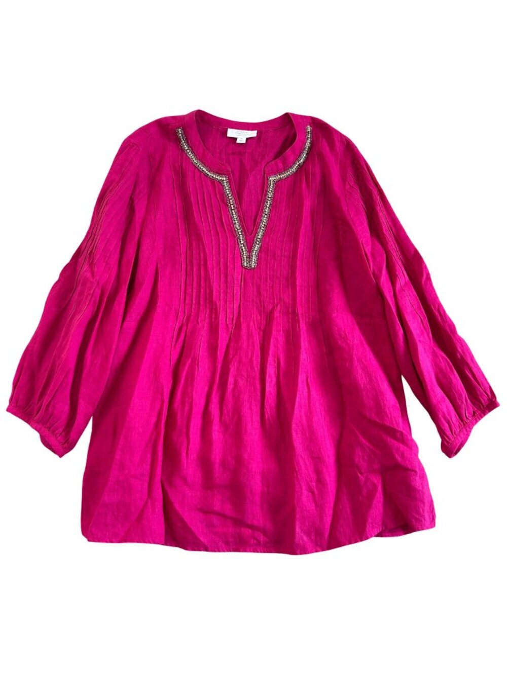 Charter Club Luxury Womens XL Pink Linen Tunic With Beaded Neckline 3/4 Sleeves